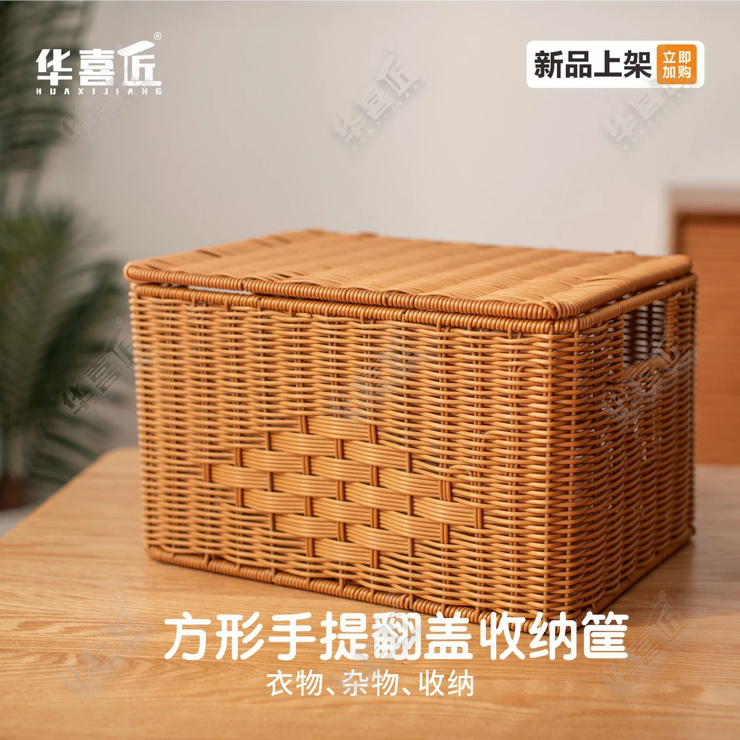 W509仿藤藤编方形手提翻盖收纳筐家用杂物衣物收纳篮36*26*22