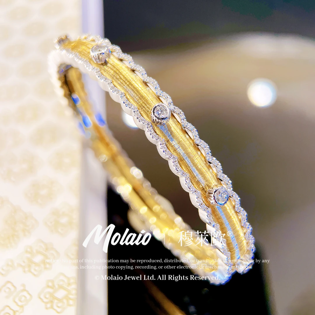 【10钻拉丝拼色手镯】18K金天然钻石复古手镯XV L272