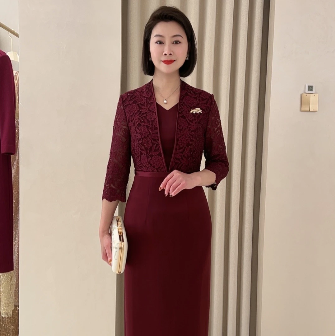 秋冬款中国风喜妈妈喜婆婆婚宴高贵醋酸拼接刺绣蕾丝V领礼服