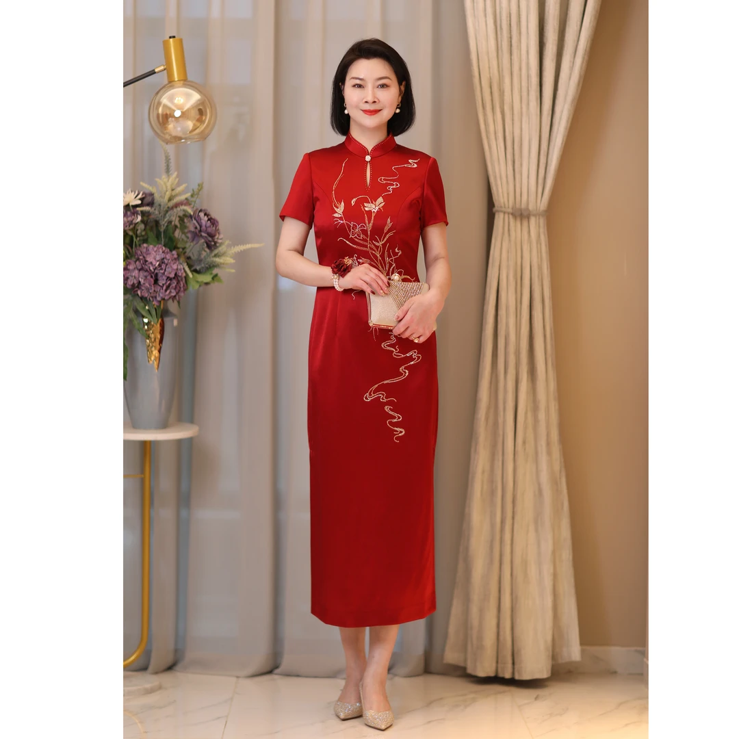 婚礼妈妈礼服高贵轻奢醋酸中国风旗袍裙优雅显瘦喜婆婆婚宴装6168