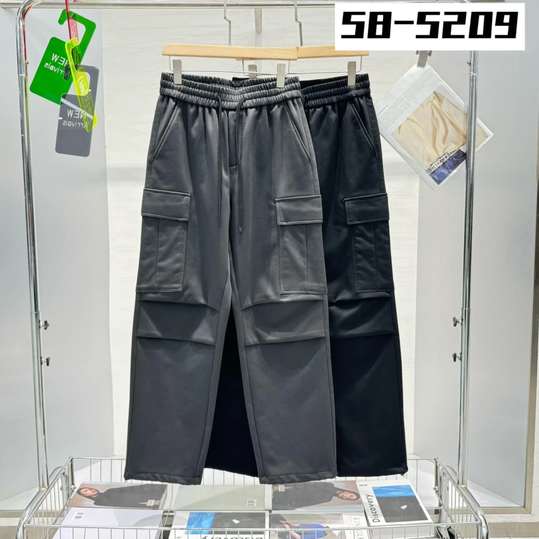 X5209加绒棉冬美式拼接口袋工装裤男2024宽松直筒弹力阔腿香蕉裤