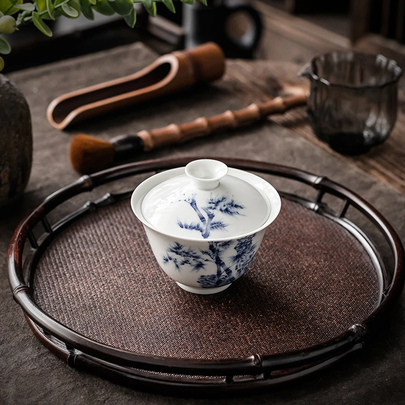 水无界手绘竹影陶瓷茶碗盖碗功夫茶具泡茶碗白瓷二才盖碗茶杯