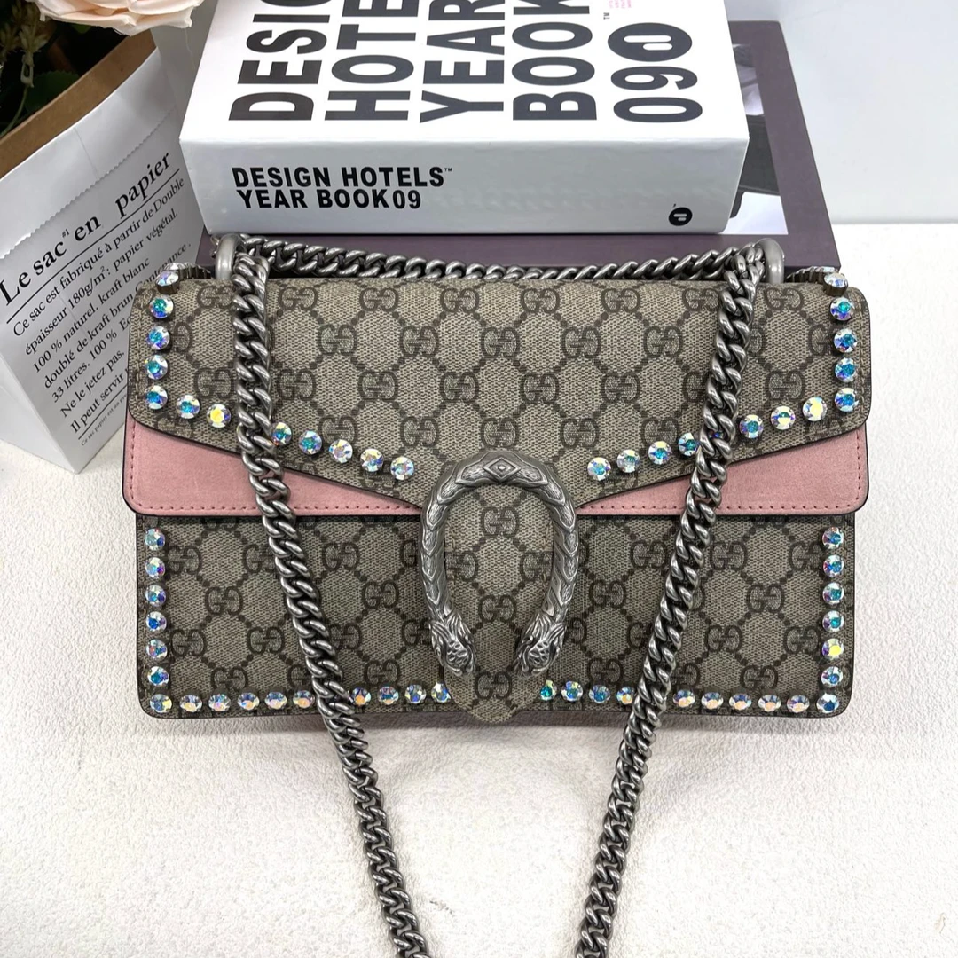 95新 GUCCI/古驰 酒神虎头扣水钻装饰帆布拼皮链条单肩包10189580