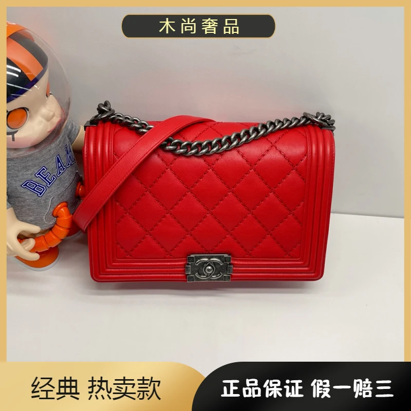 95新 Chanel/香奈儿 /Leboy 14C 牛皮链条包单肩斜挎包 红色 18开