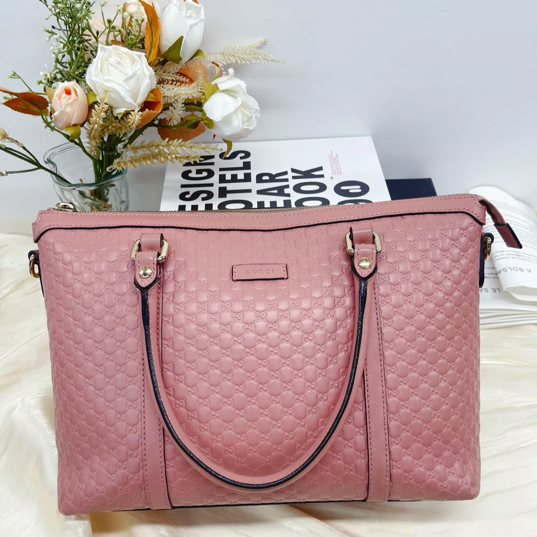 95新 GUCCI/古驰 粉色Logo压纹皮革托特包手提包10263107