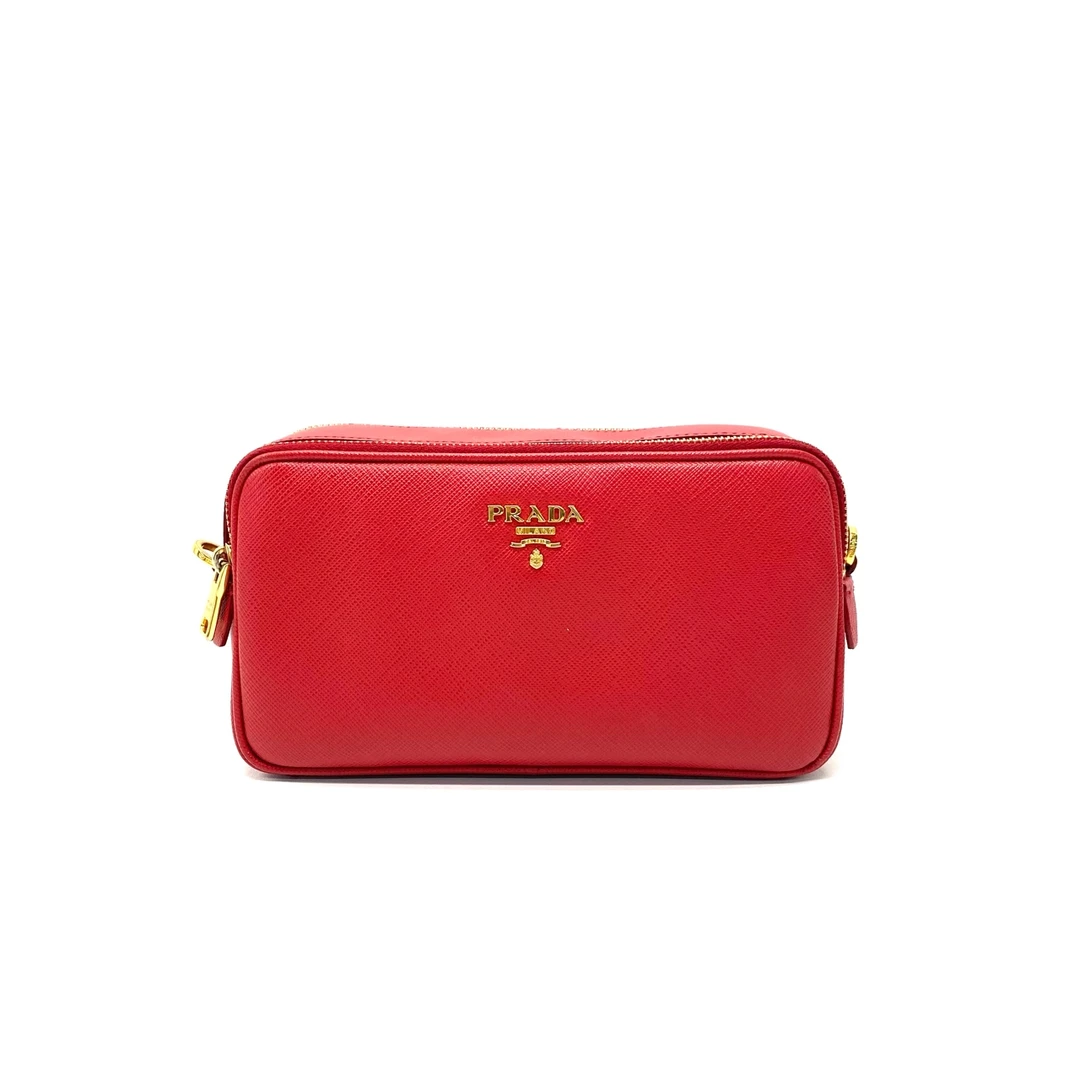 95新 Prada/普拉达 红色皮革双层相机包单肩斜挎包 8117551
