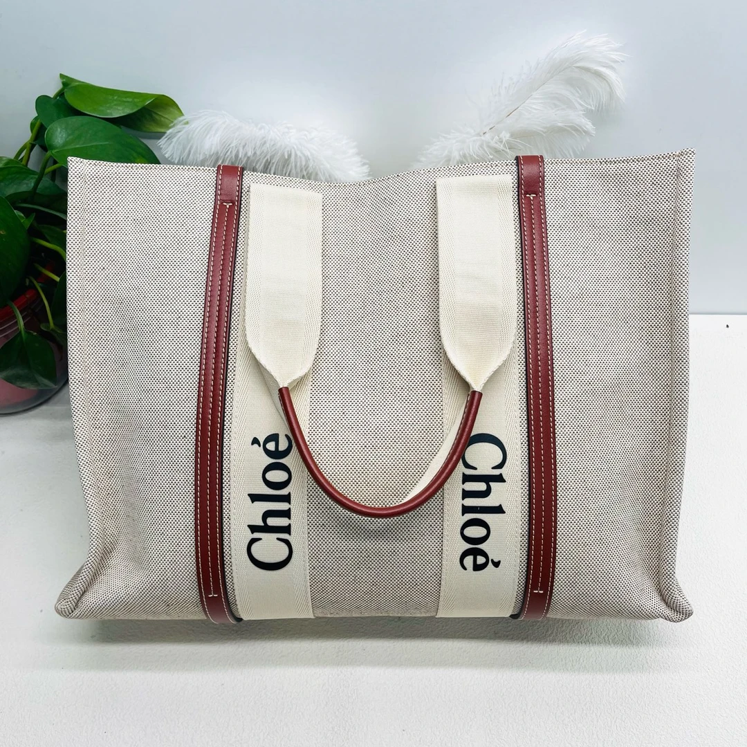 95新 Chloe/蔻依 米色帆布拼皮革托特包购物袋10402486