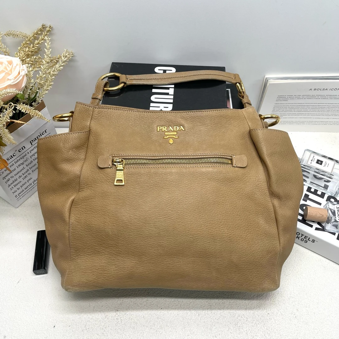 95新 Prada/普拉达 PRADA普拉达浅棕色皮革手提包单肩包10557549