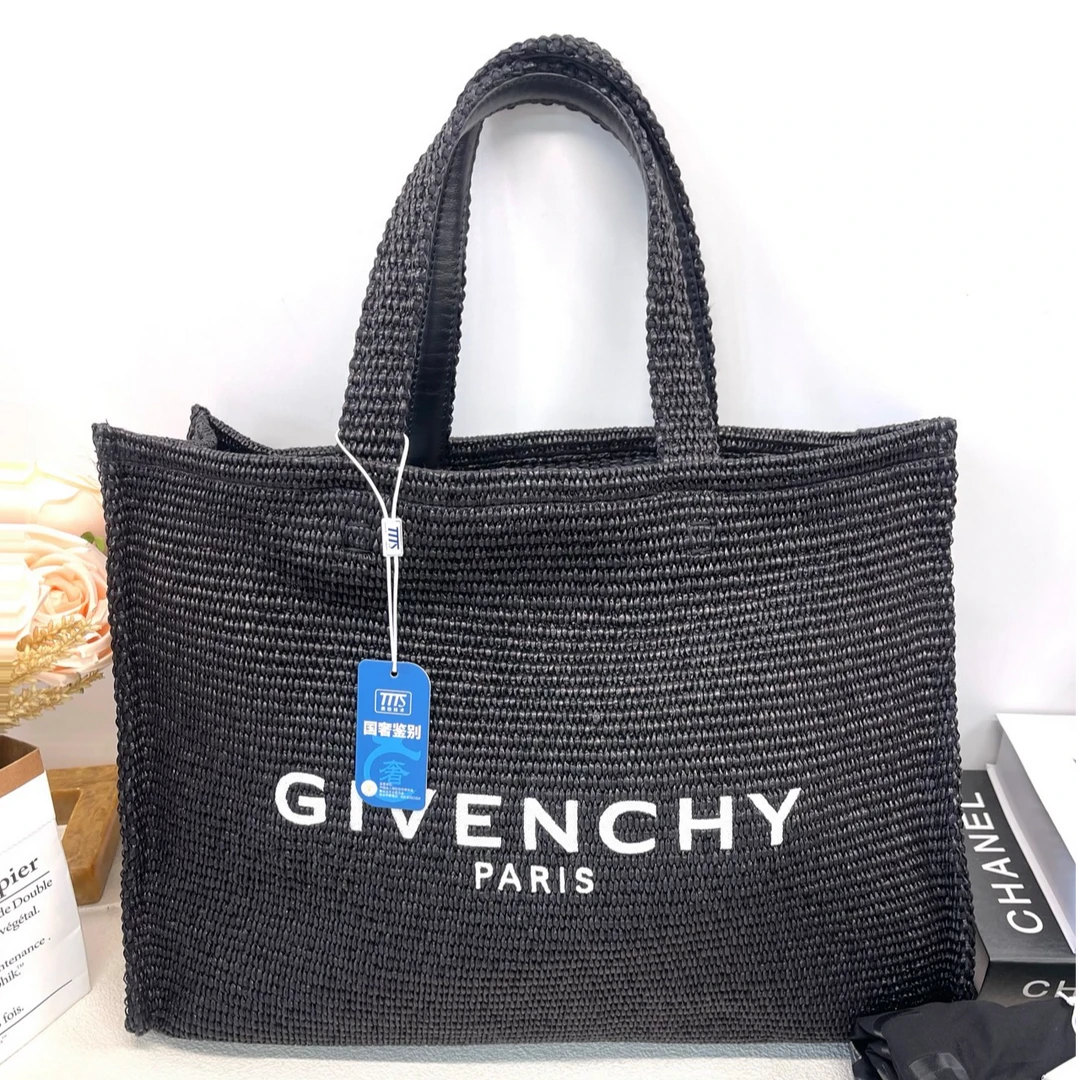 95新 Givenchy/纪梵希 纪梵希黑色帆布拉菲草Tote包 10138113