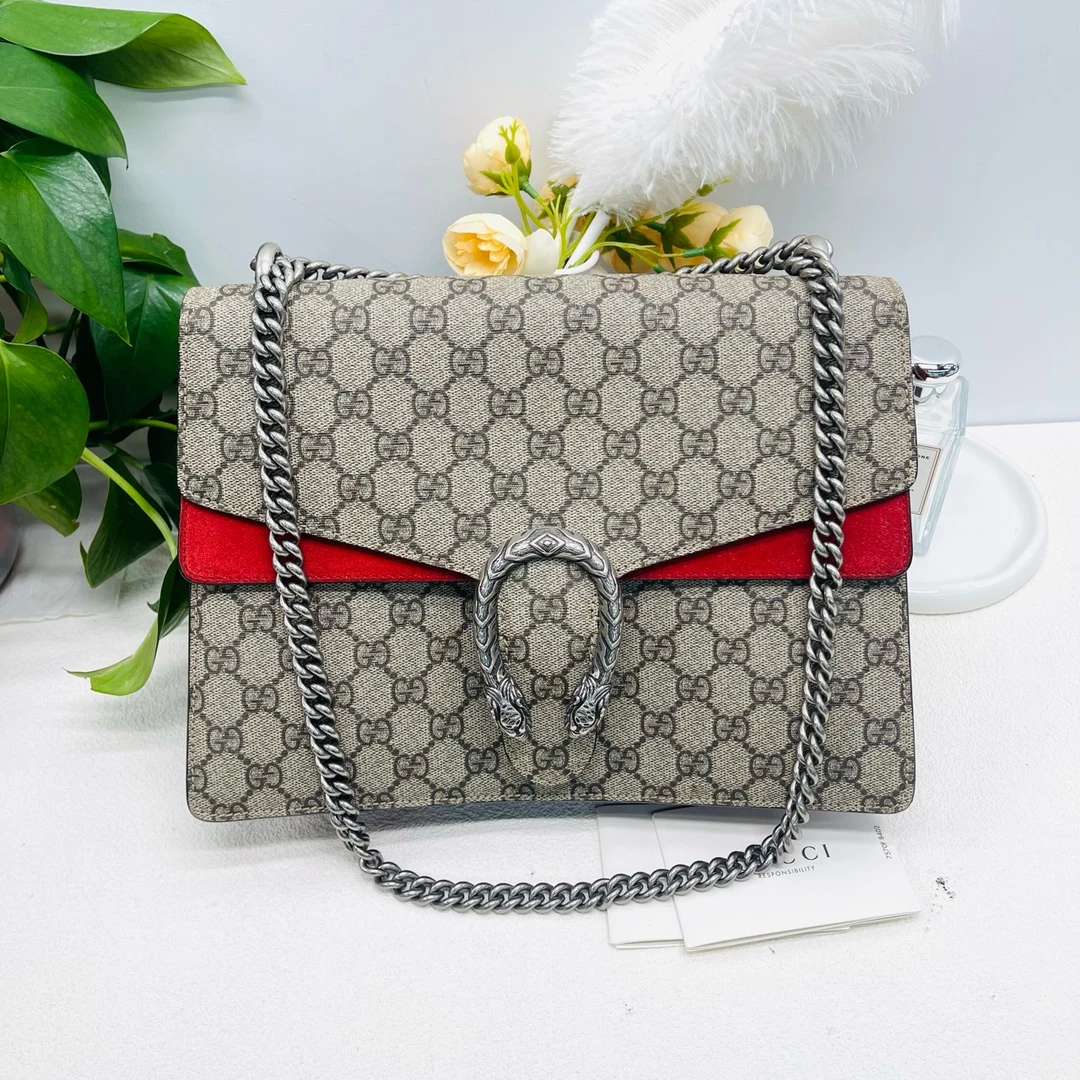 95新 GUCCI/古驰 酒神乌木色拼红虎头扣链条包10272392