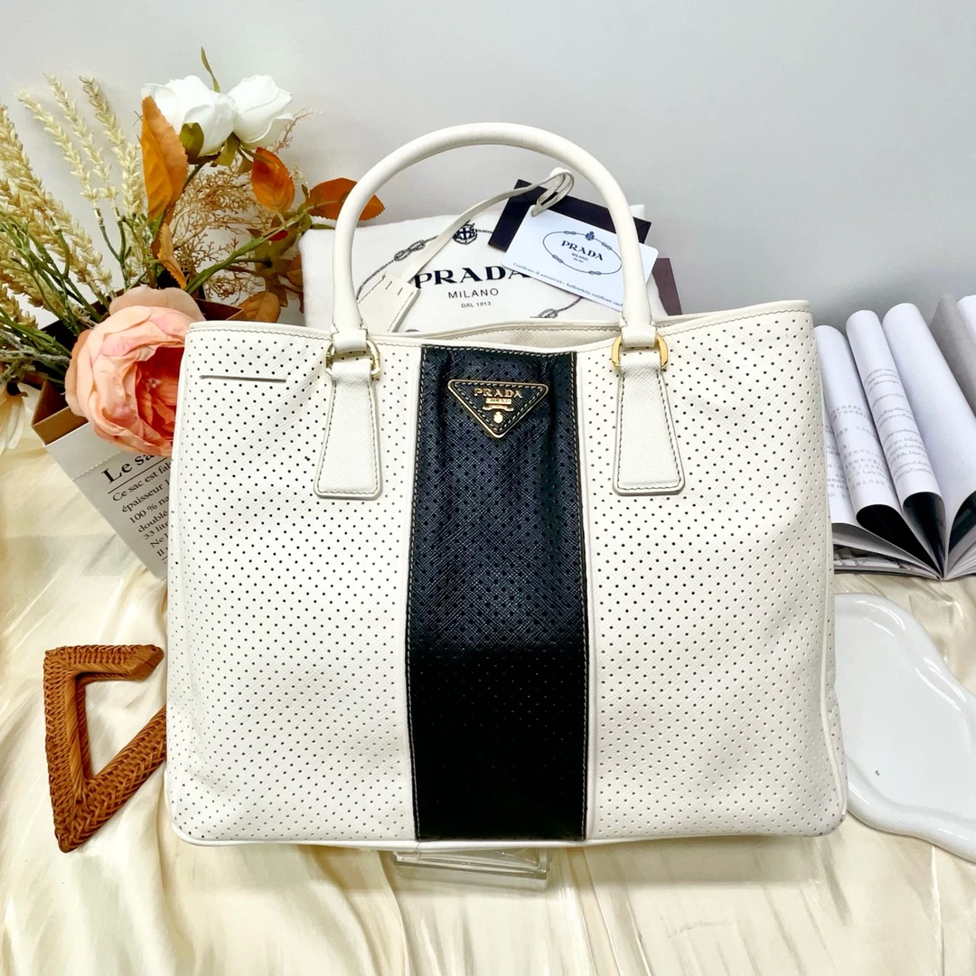 95新 Prada/普拉达 黑白拼色皮革杀手包手提包10354168