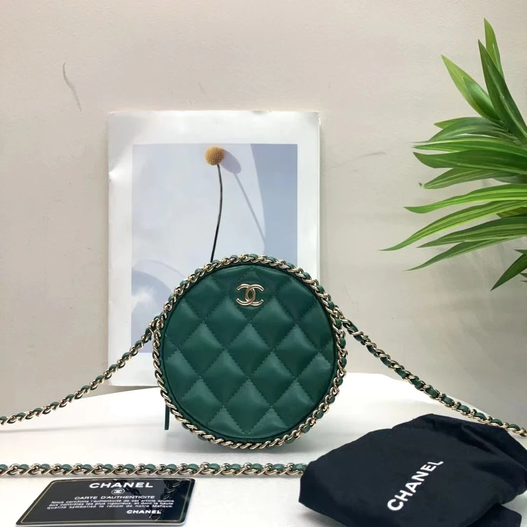 95新 Chanel/香奈儿 W绿色皮穿链边圆饼包单肩斜挎包96249399