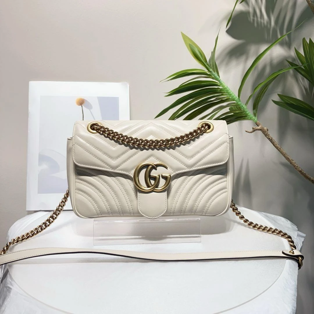95新 GUCCI/古驰 W古驰白色marmont马蒙中号单肩包90280590