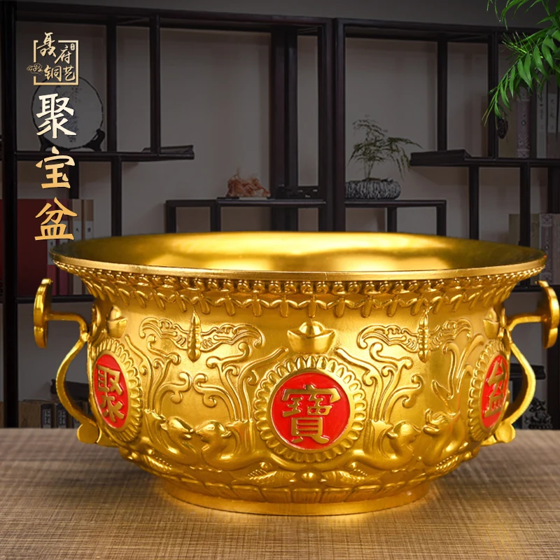 铜聚宝盆桌面收银台客厅玄关店铺办公室铜工艺装饰新中式铜摆件