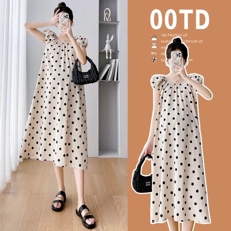 孕妇装夏季波点时尚韩版泡泡袖宽松连衣裙孕妇裙中长款减龄连衣裙