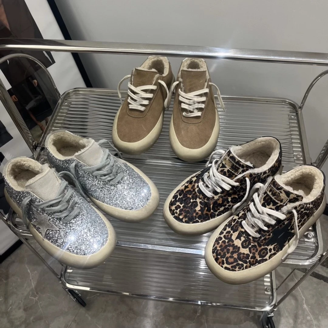 棕色豹纹半星银亮片星星加厚毛里做旧面包鞋小脏鞋女休闲保暖板鞋