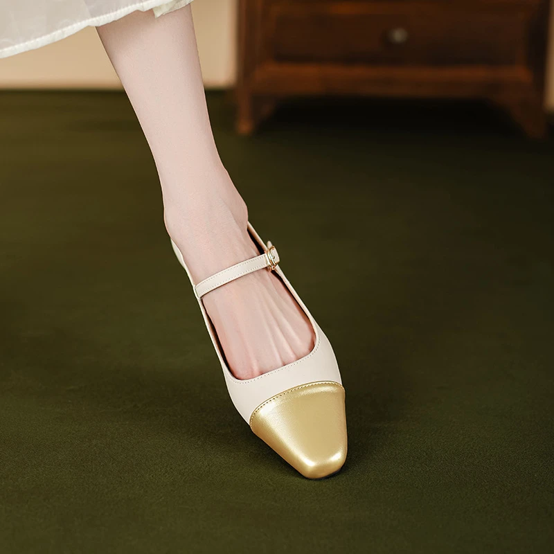 法式复古拼色玛丽珍粗跟女鞋2025春秋新款中跟方头小皮鞋浅口单鞋