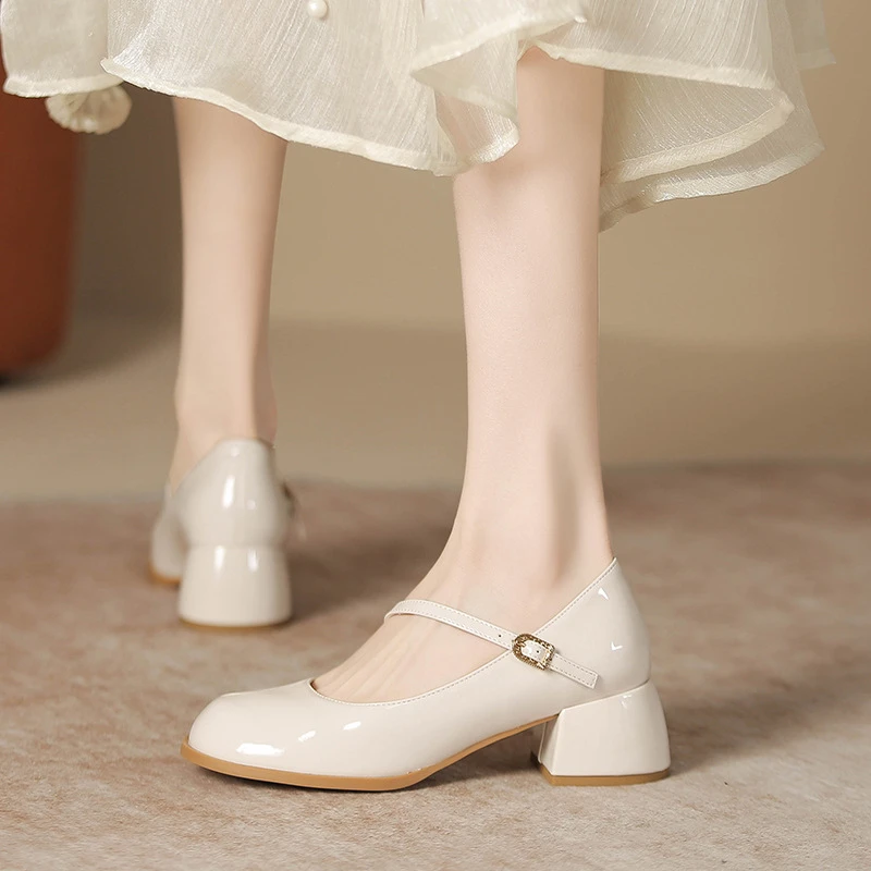 软皮复古一字带玛丽珍鞋女春秋季新款极简高级感舒适浅口粗跟单鞋