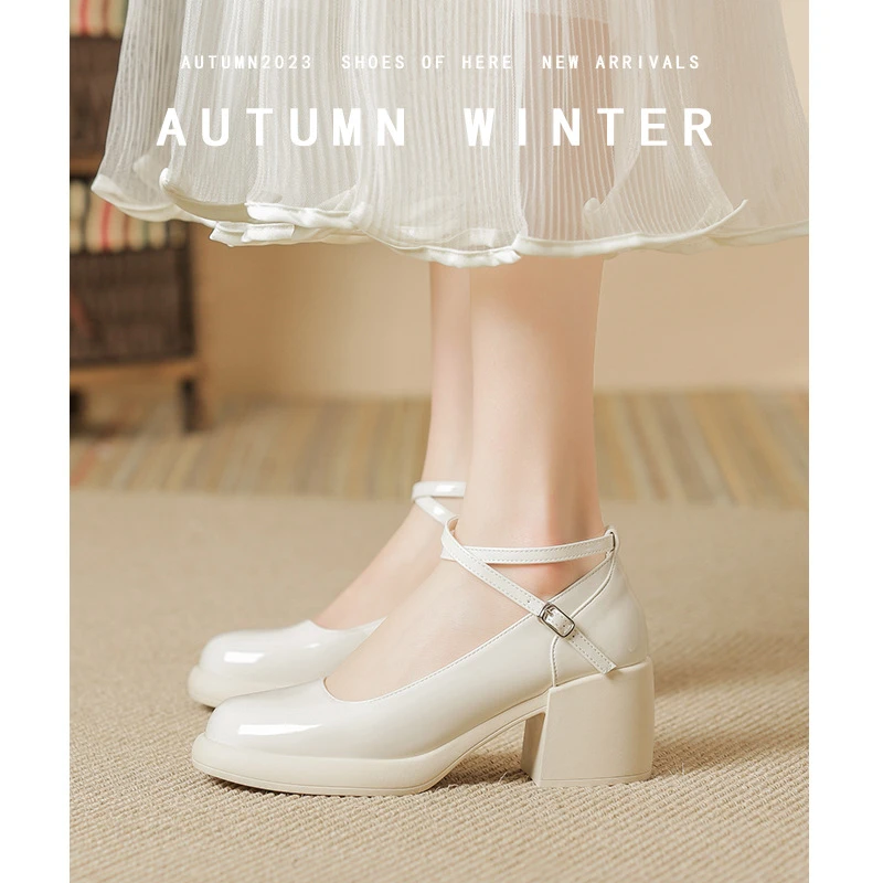漆皮小皮鞋法式玛丽珍鞋女2025新款交叉扣带高跟粗跟复古软皮单鞋