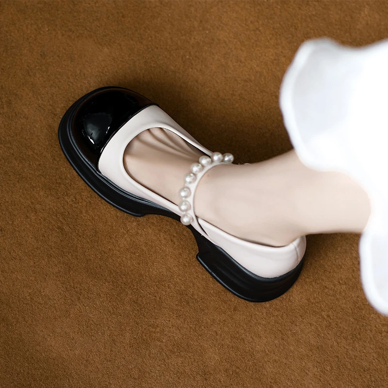 厚底玛丽珍小皮鞋女夏新款英伦小香风珍珠扣浅口拼色乐福鞋矮子乐