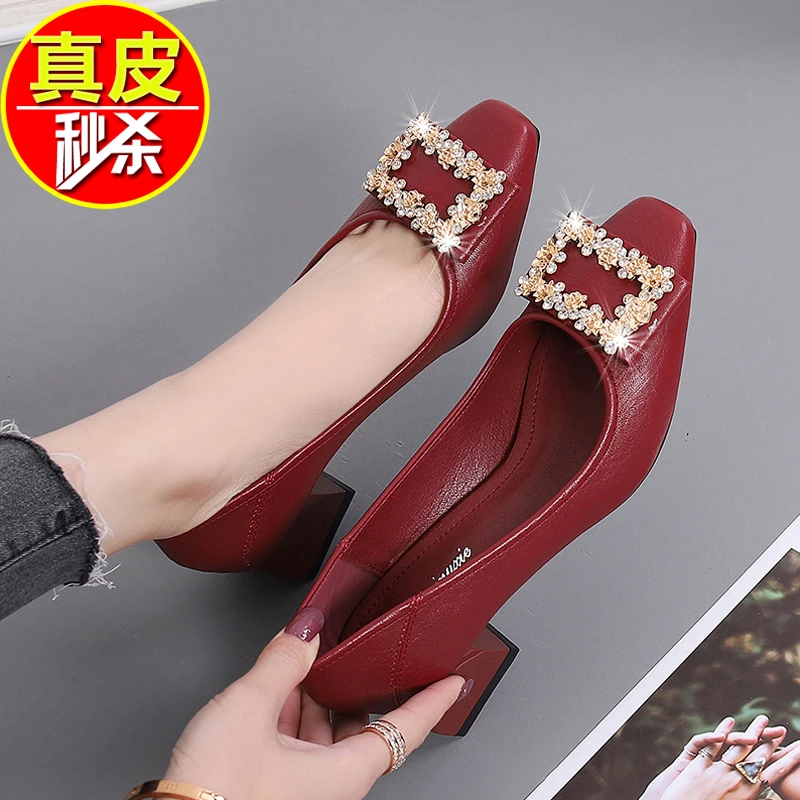 2024新款真皮单鞋女方头中跟高档鞋浅口防滑舒适两穿工作鞋婚宴鞋