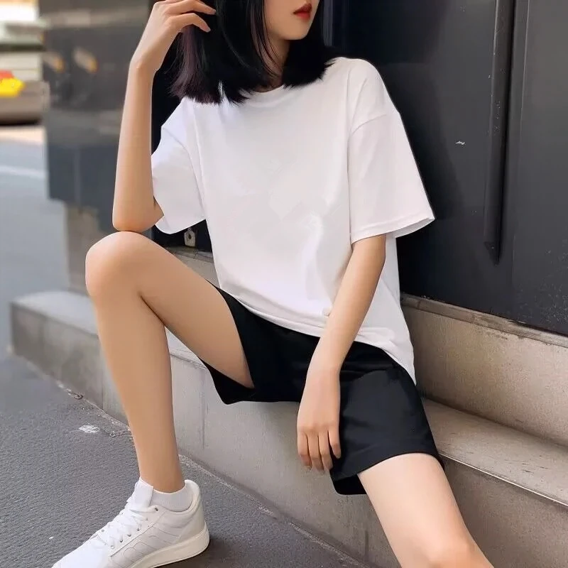 休闲运动套装女夏季短袖T恤阔腿短裤宽松透气大码圆领潮流两件套