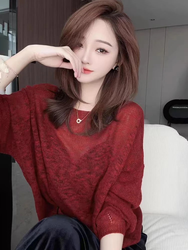 复古红色镂空圆领长袖针织衫女2024新款早秋宽松小个子内搭上衣女