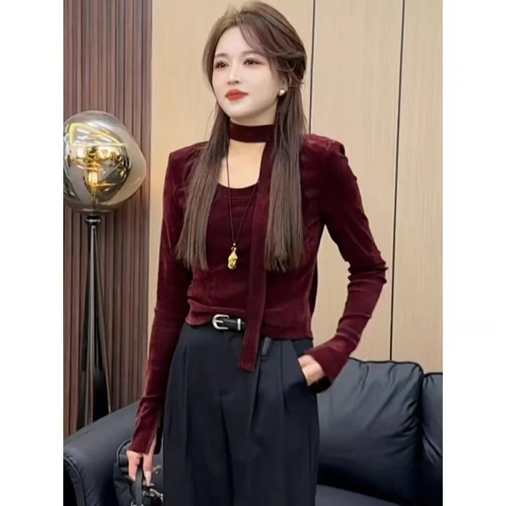 初秋丝绒长袖t恤打底衫女2024新款独特别致辣妹短款早秋chic上衣