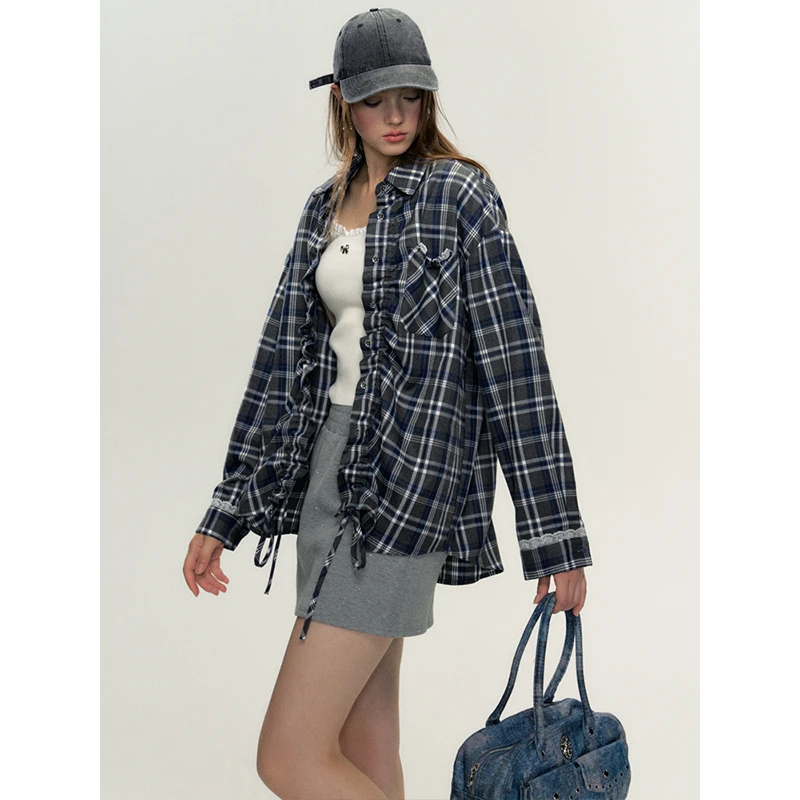 LAFREEDOM格纹衬衫女休闲运动风抽褶门襟上衣LAC340815