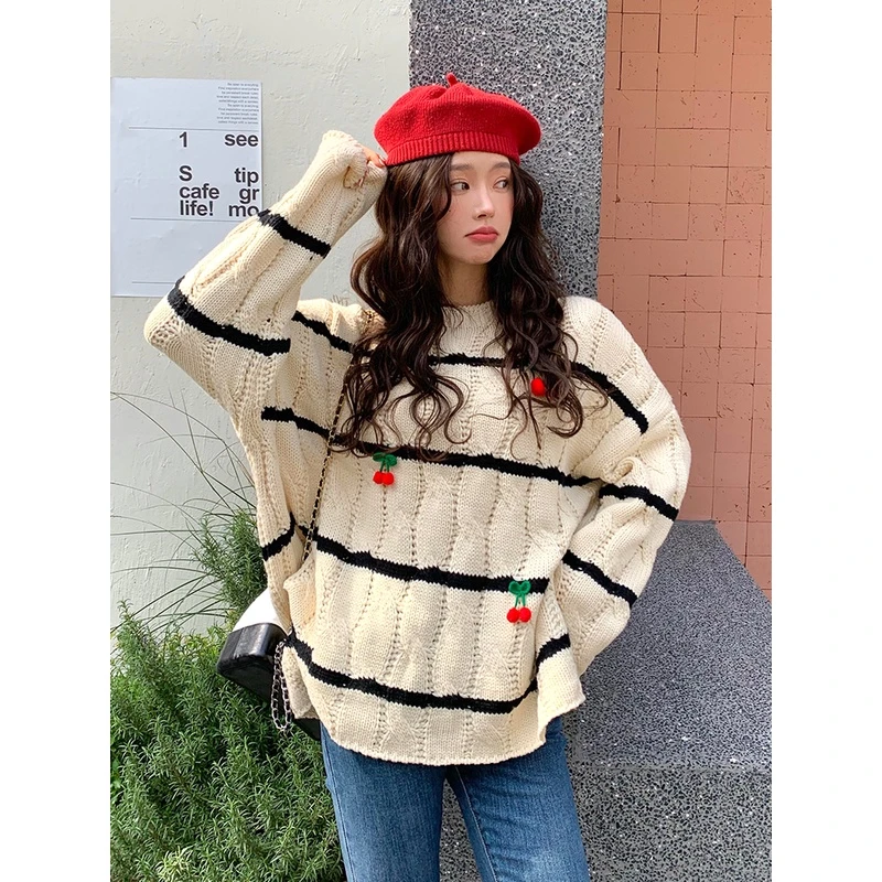 【小呆鸟专享】樱桃杏色慵懒细条纹针织衫毛衣女上衣321118