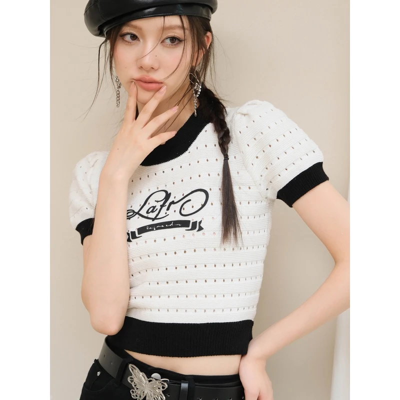 【Nanaco专属】美式镂空针织衫短袖T泡泡袖上衣LAC330827