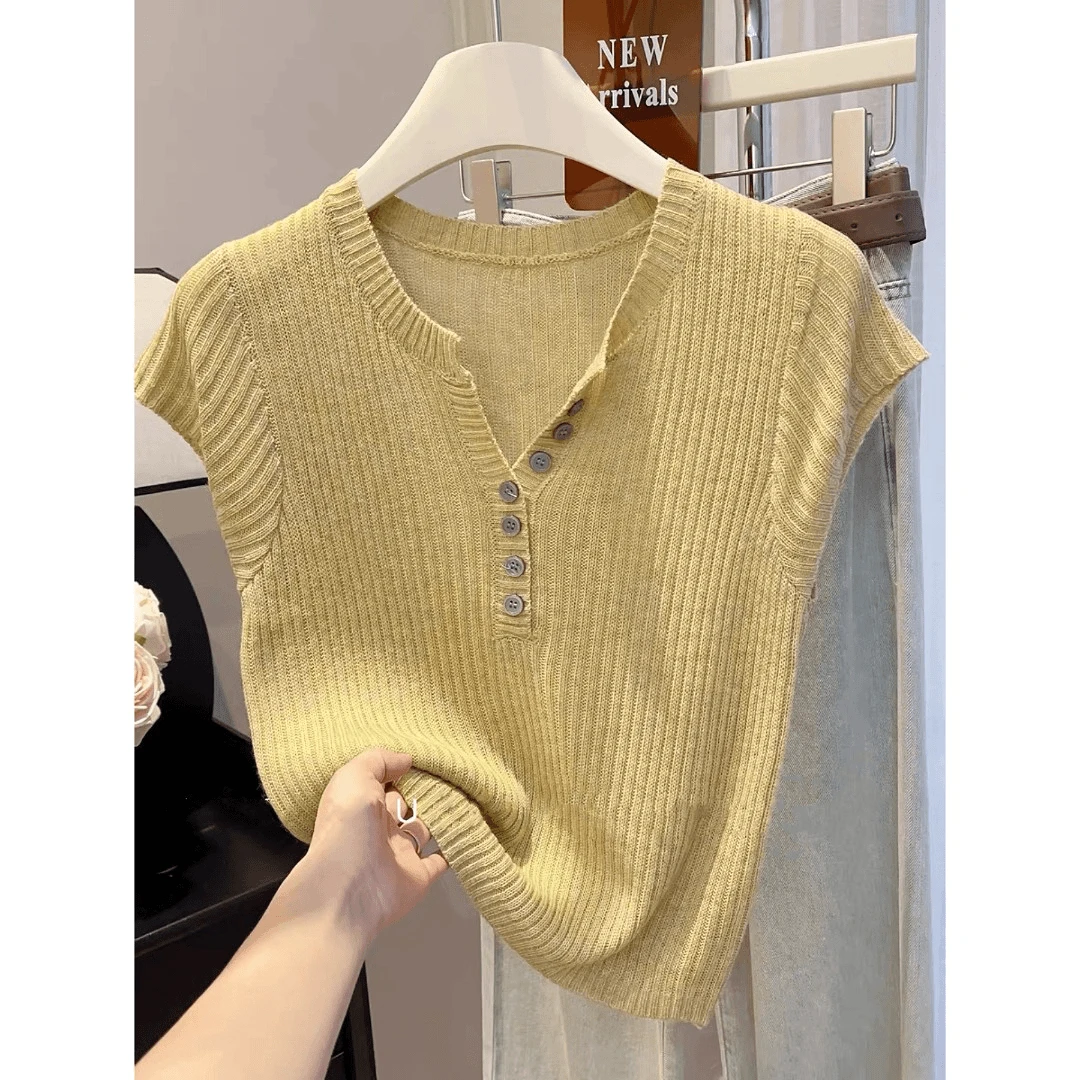 夏季设计感休闲v领欧美风薄款百搭针织衫短袖短款上衣毛衣针织衫