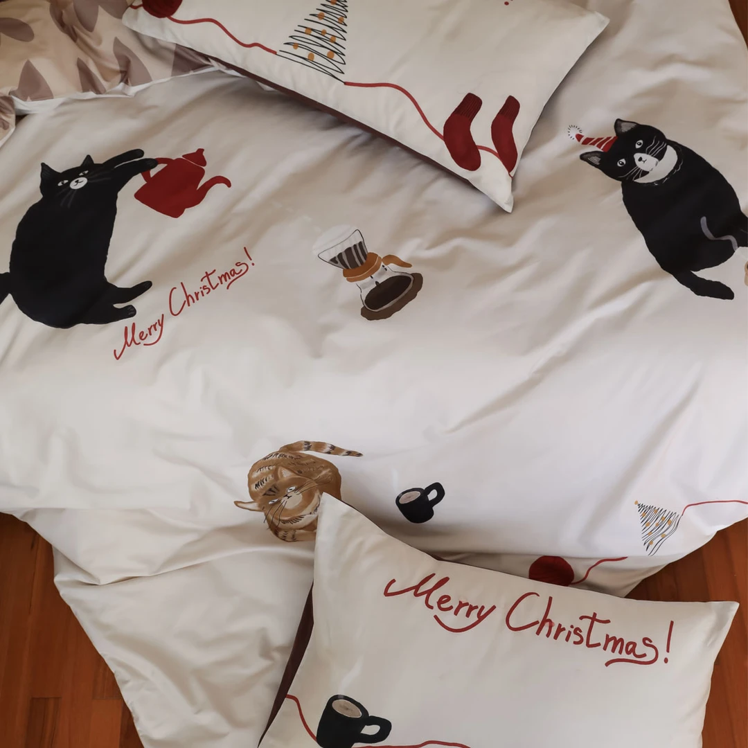 圣诞喵喵 磨毛100支(50*50) 纯棉数码印花柔软贴身裸睡床品套件