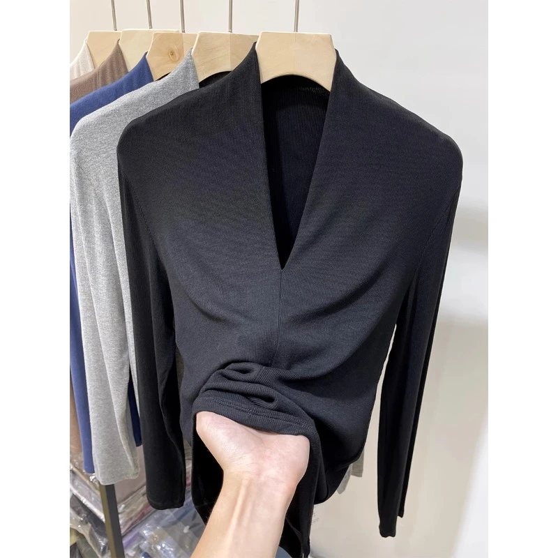 精梳棉【木雅卓玛专属】螺纹时尚V领长袖t恤女2023新款内搭打底衫