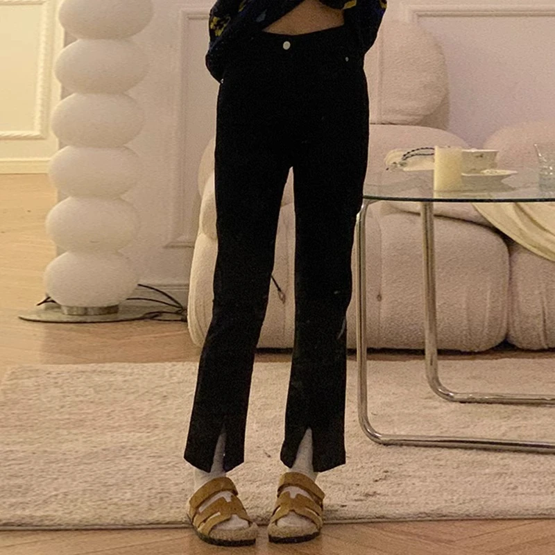 黑色开叉牛仔裤女春秋胖妹妹大码女装高腰显瘦直筒烟管裤分叉裤子