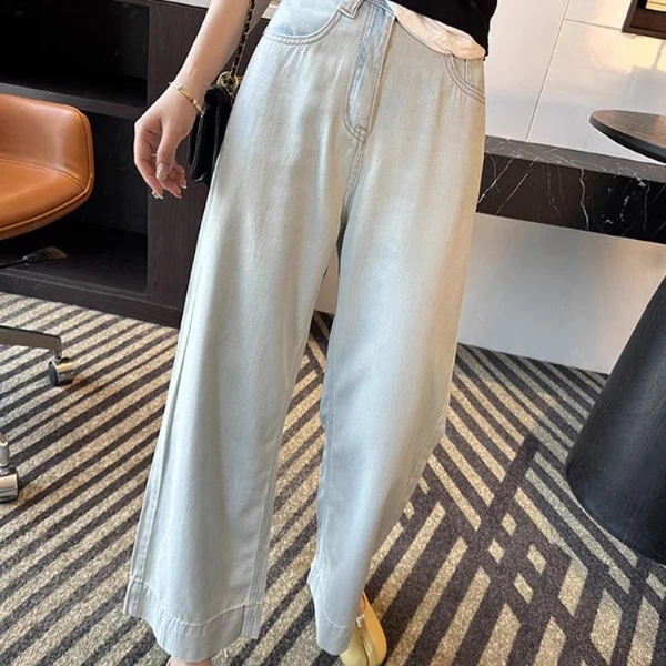 浅色高腰弹力冰丝九分牛仔裤女夏季薄款直筒阔腿裤宽松垂感长裤子