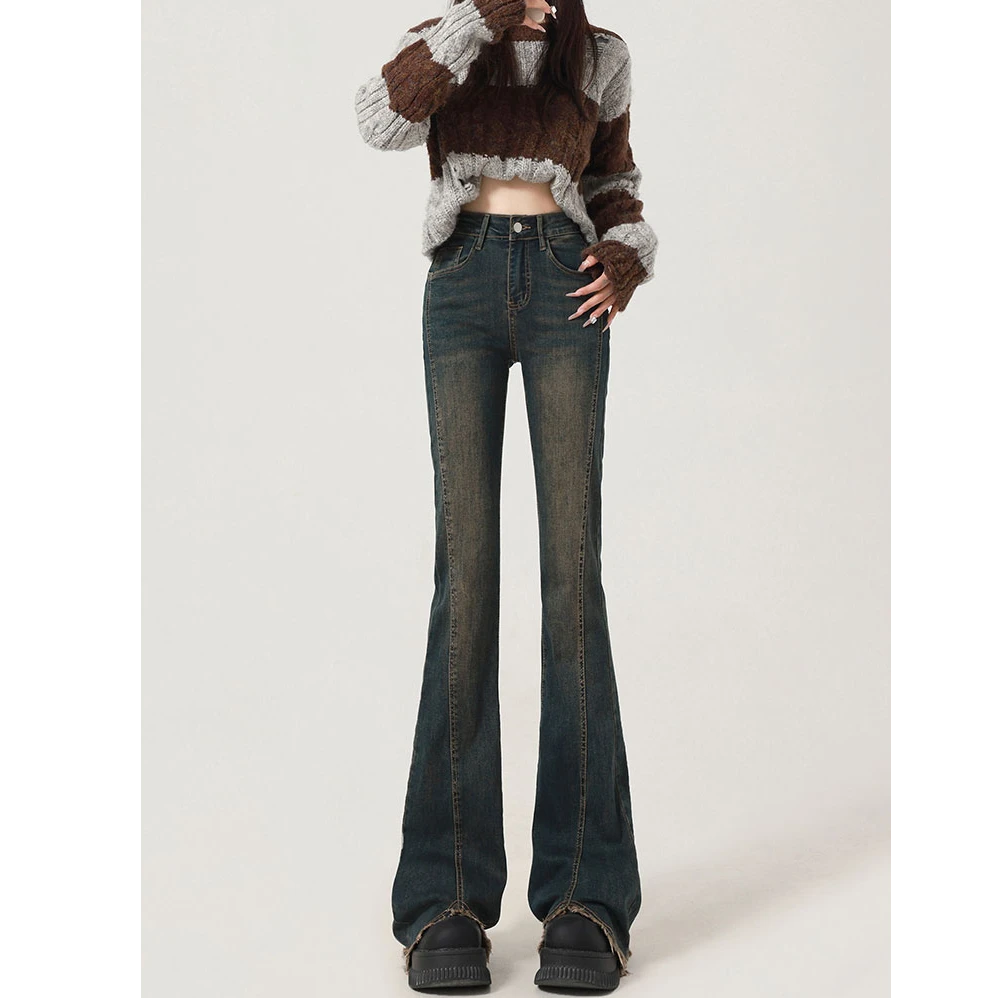 复古美式微喇牛仔裤女秋冬款2025年高腰显瘦毛边拖地喇叭马蹄裤子