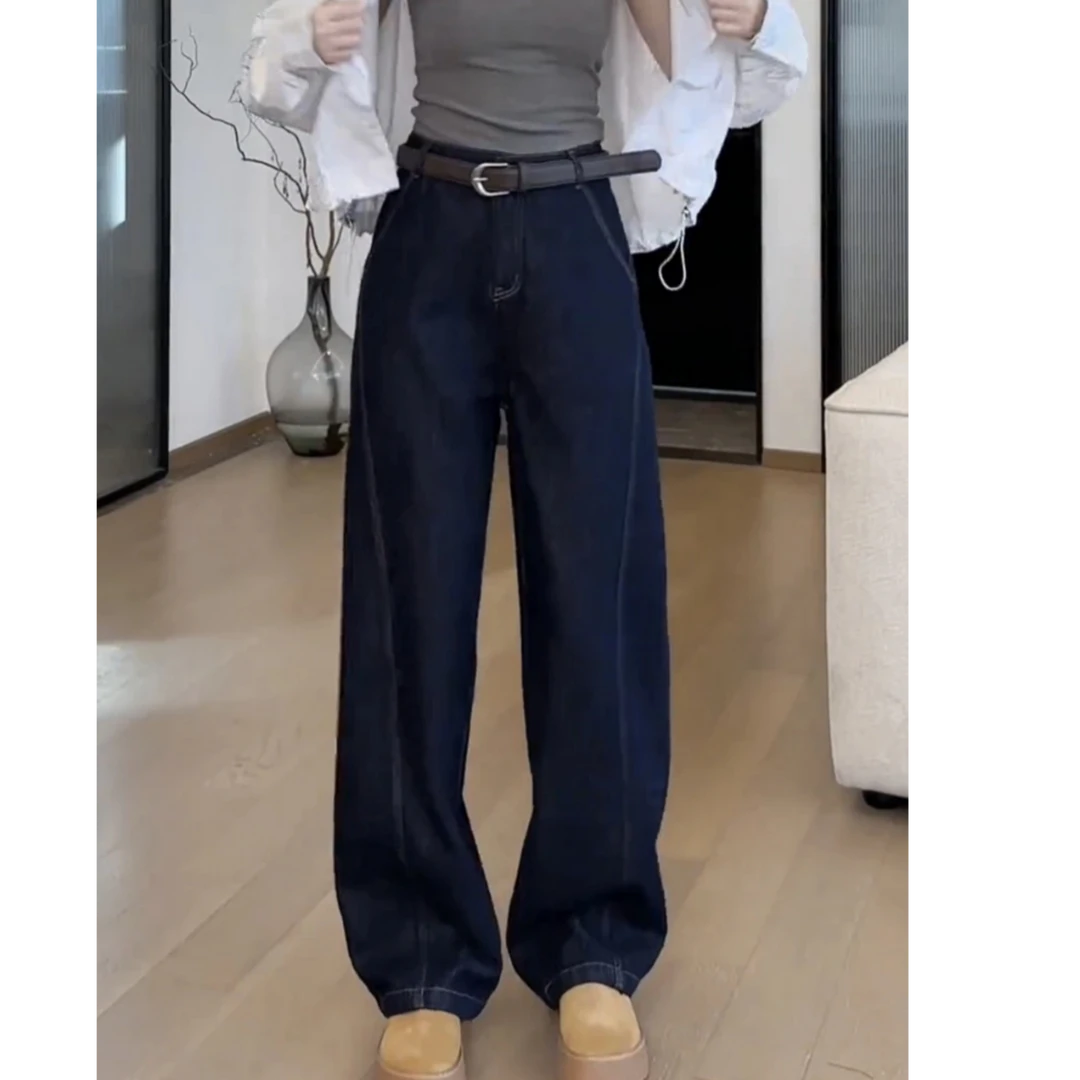 春秋新款牛仔直筒裤女梨形身材微胖mm高腰显瘦简约百搭阔腿长裤