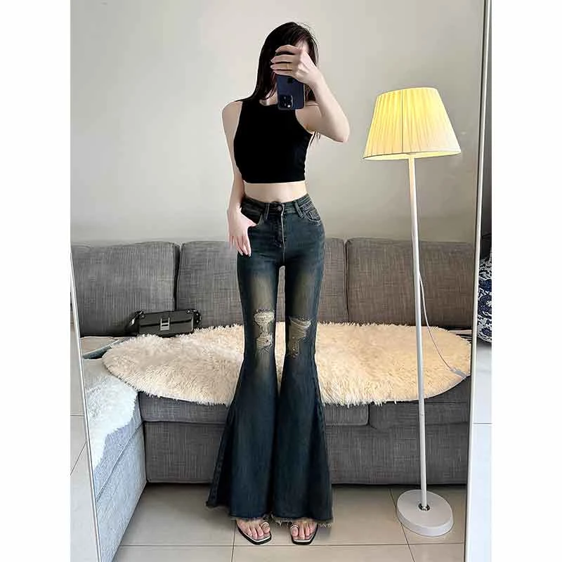 复古毛边破洞微喇叭牛仔裤女秋季高腰显瘦鱼尾喇叭裤直筒裤拖地裤