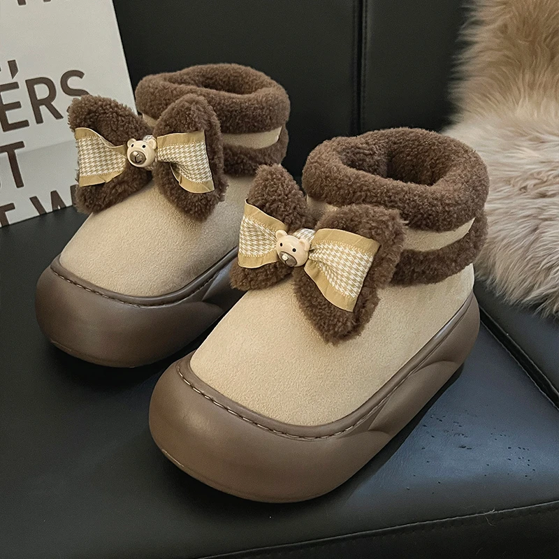冬季厚底防水雪地靴女款时尚百搭甜美蝴蝶结加绒保暖韩版棉鞋女士