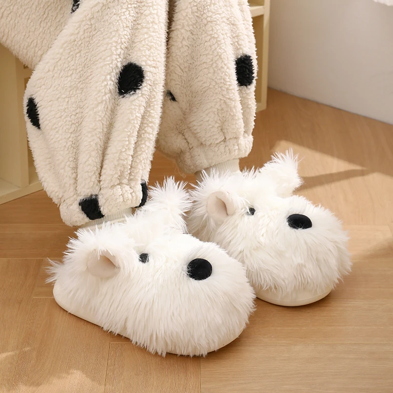 炸毛小狗棉拖鞋女士冬季居家室内保暖半包跟毛绒厚底软底毛拖鞋女