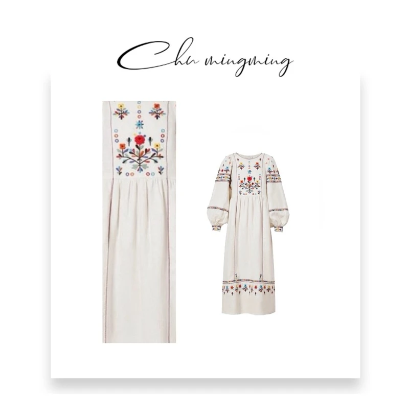 【CHU/2024SSNEW】原创设计刺绣花朵泡泡袖连衣裙WHC10