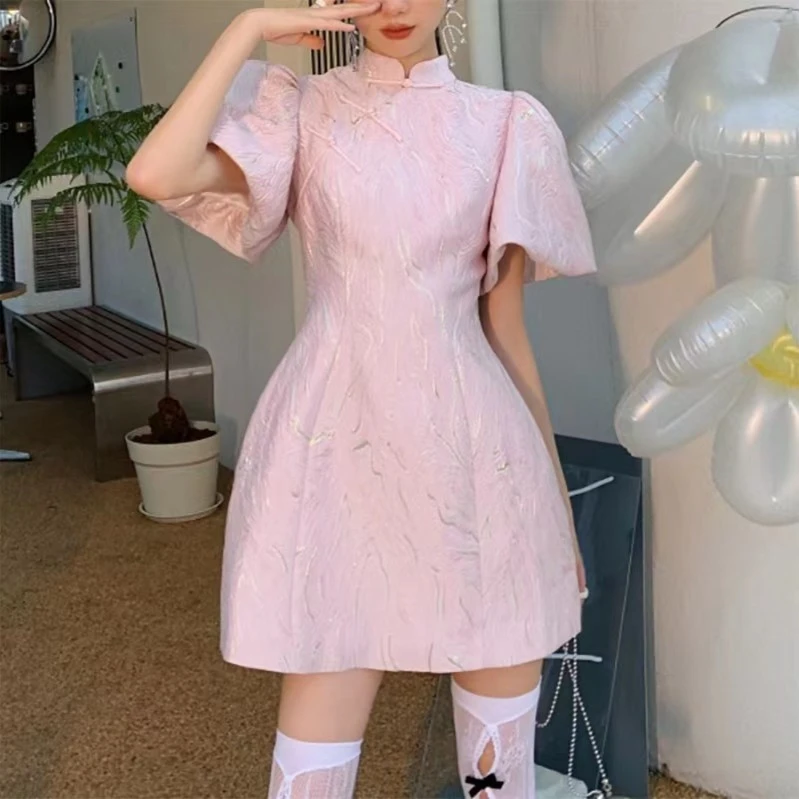 戚薇同款改良版复古旗袍女春夏2022新款设计感小众泡泡袖连衣裙
