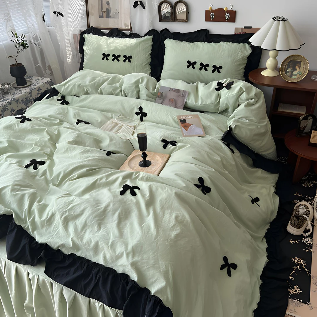 水洗棉床上四件套床笠床裙款床单被罩学生单人三件套柔软法式花边