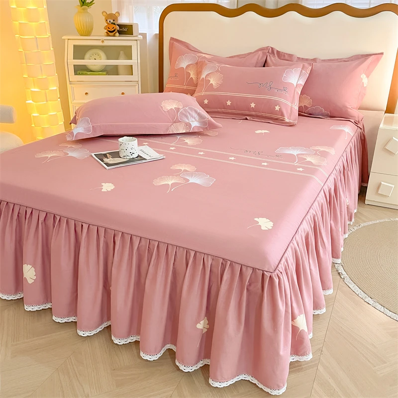 加厚全棉生态磨毛床裙花边遮丑下摆床罩防滑纯棉床单床垫保护套罩