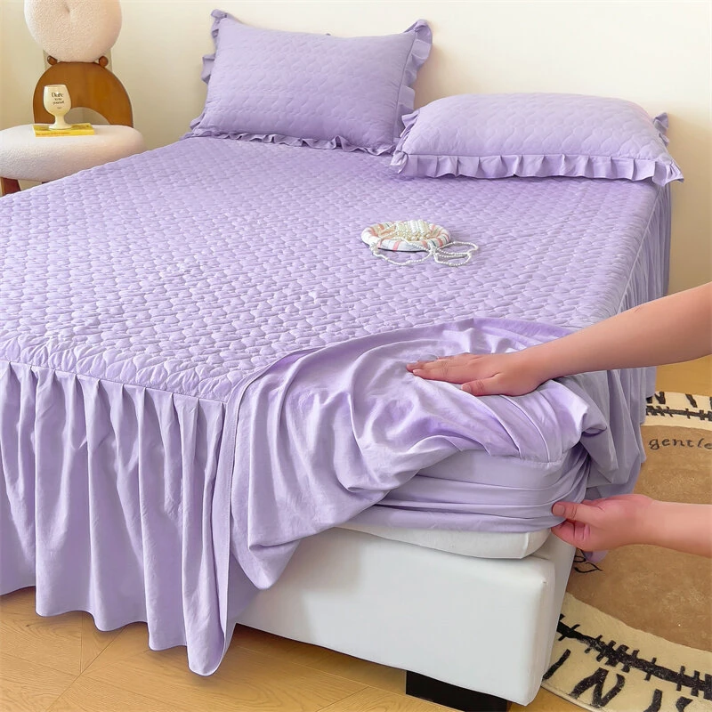 床笠式床裙二合一加厚纯色单件高端夹棉防尘防滑床罩裙边四季通用