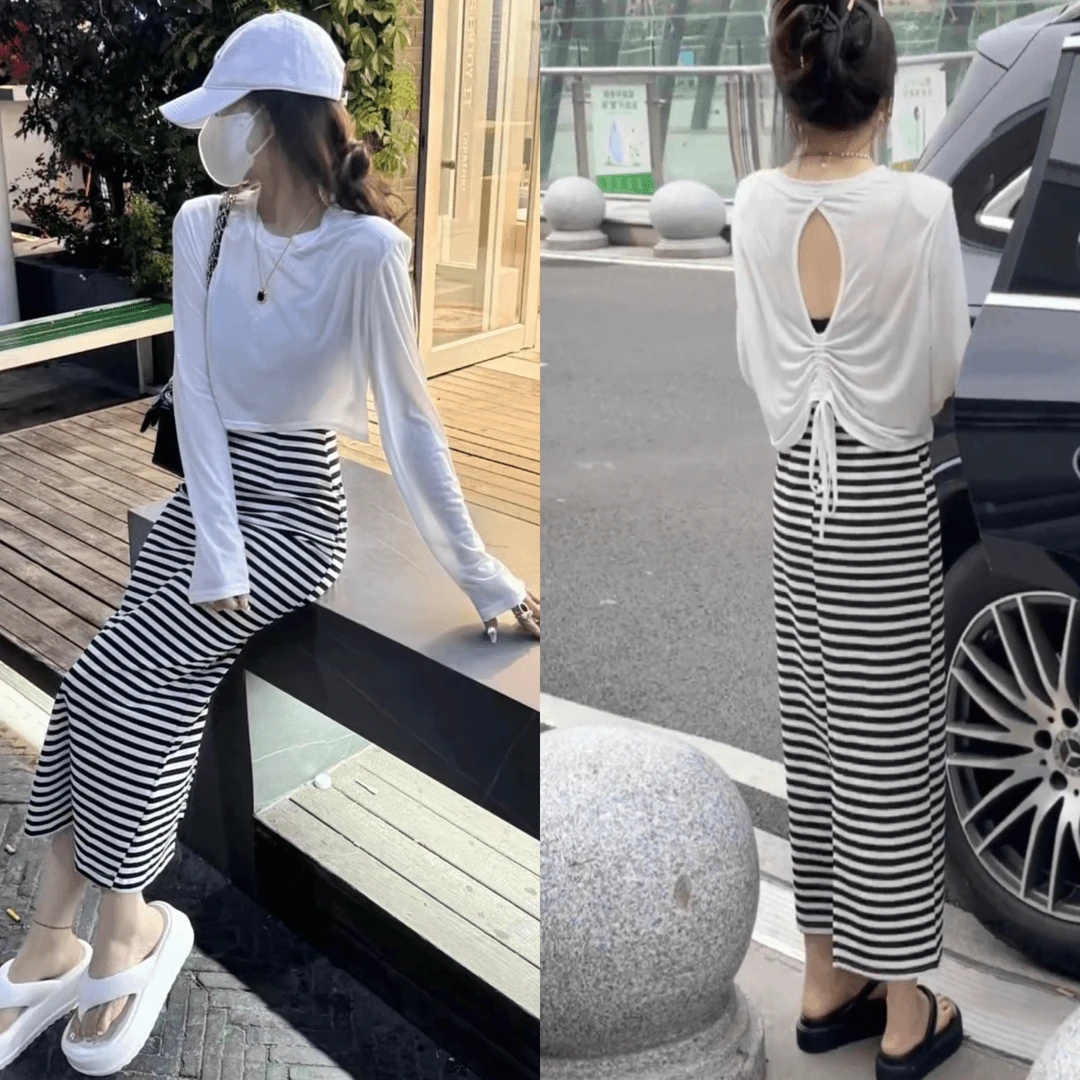 2024夏季新款时尚气质露背小设计感T恤条纹开叉显瘦半身裙两件套