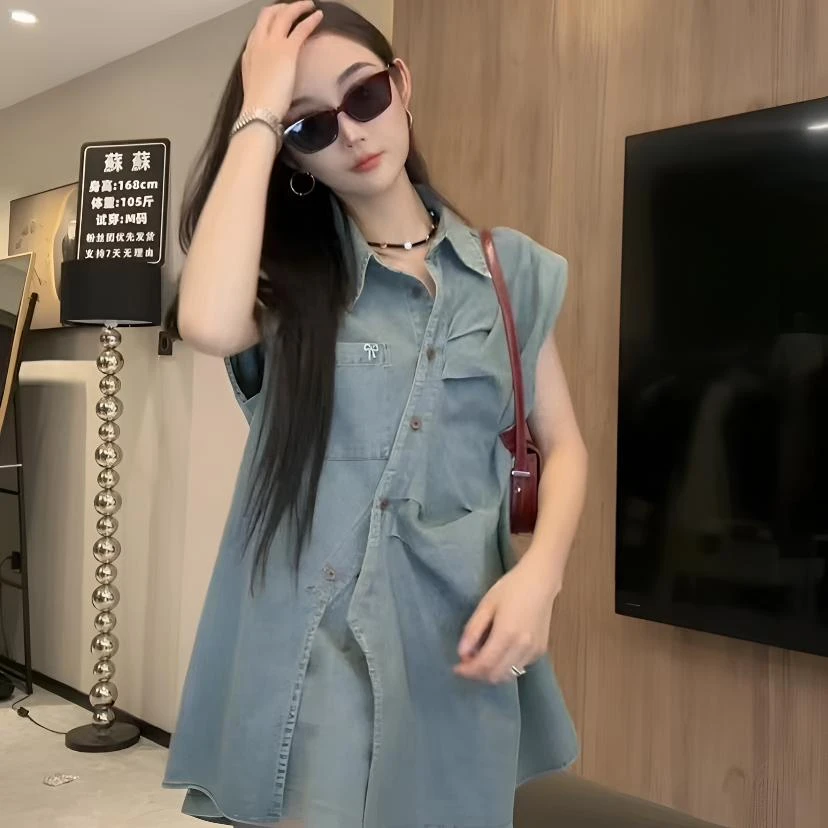 夏季复古显瘦时尚牛仔套装女欧洲站夏无袖斜扣上衣阔腿短裤两件套