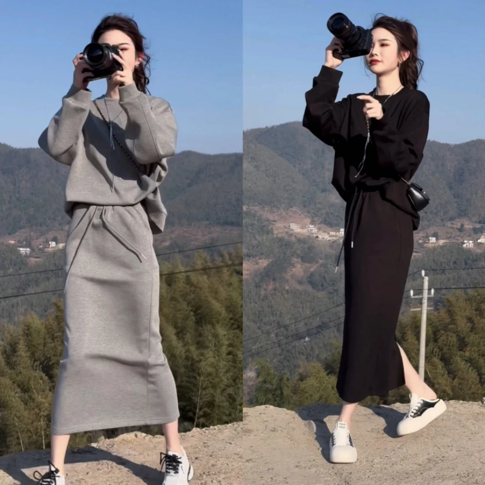 春季新款时尚圆领显瘦韩版卫衣套装裙刺绣爱心宽松休闲中长款裙子