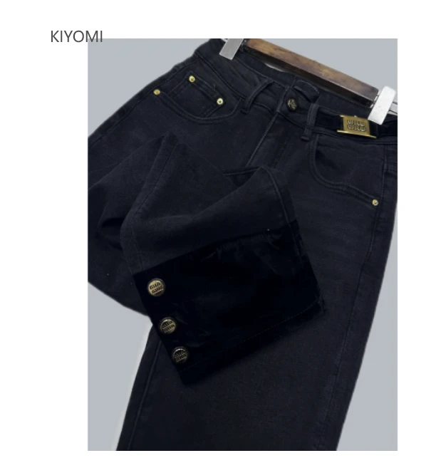 KIYOMI 修身秋冬显瘦百搭加绒直筒牛仔裤 052